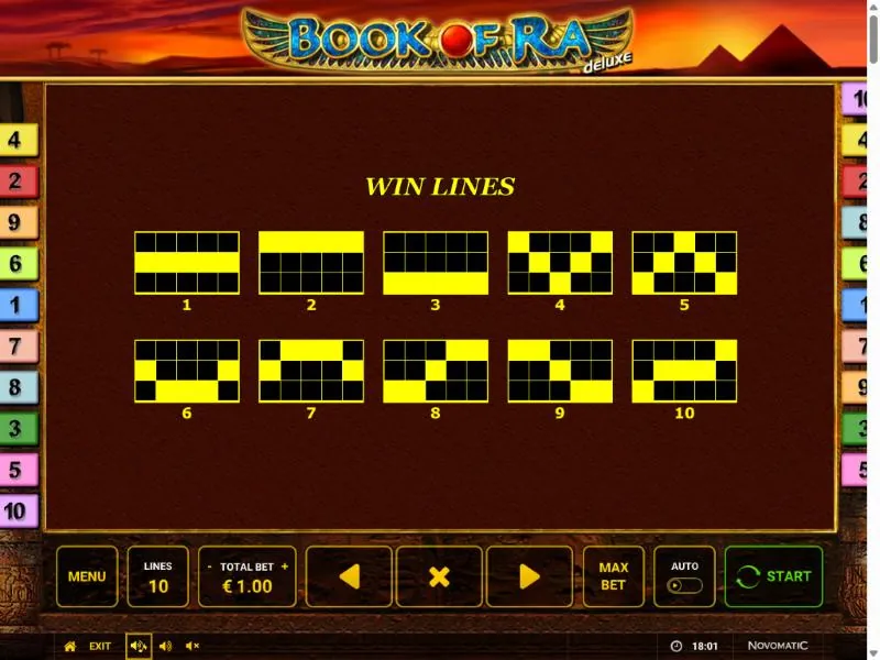 The ten win lines of Book of Ra deluxe